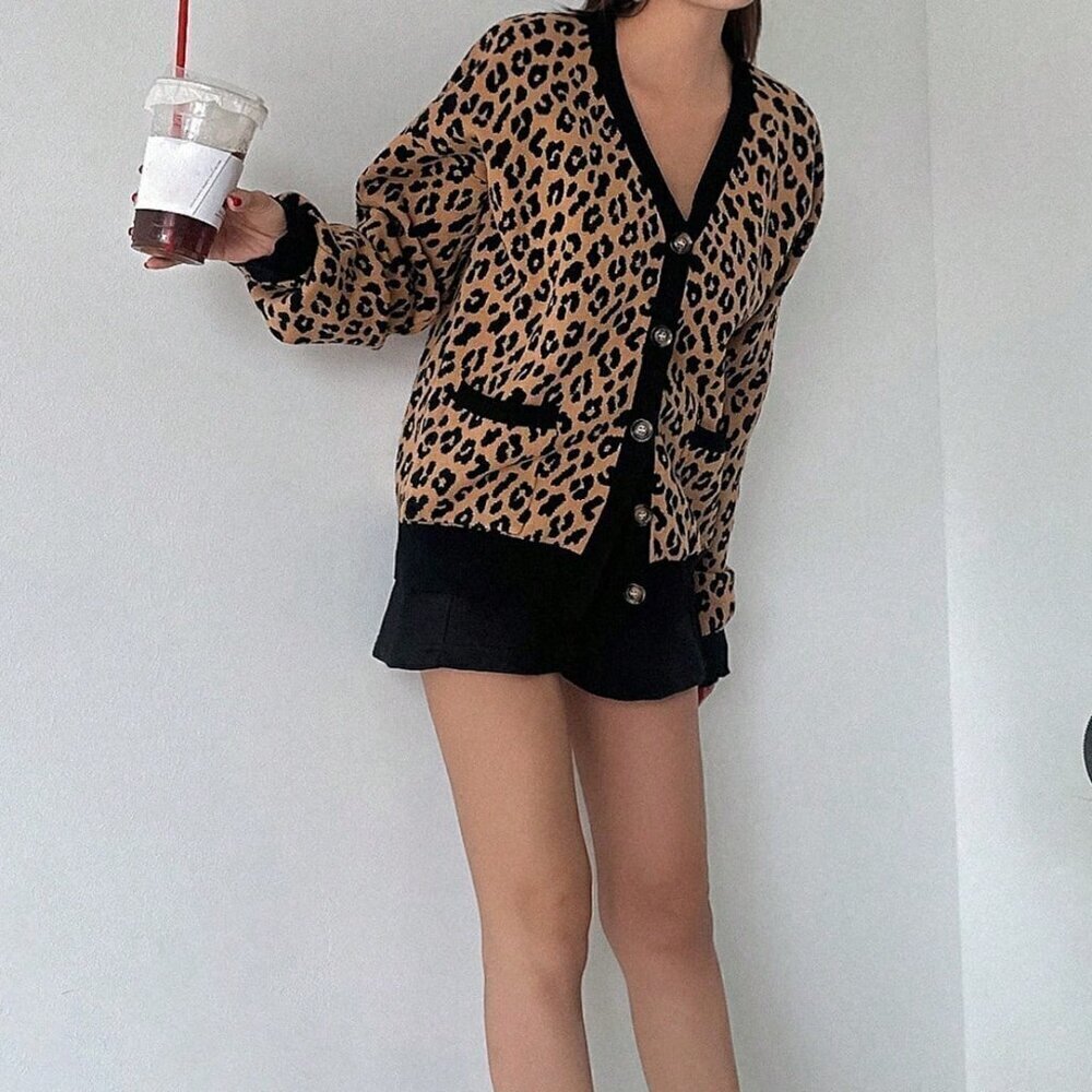 Brown Casual Women's Loose Fit Leopard Print Open Front Cardigan - Picture 2 of 6